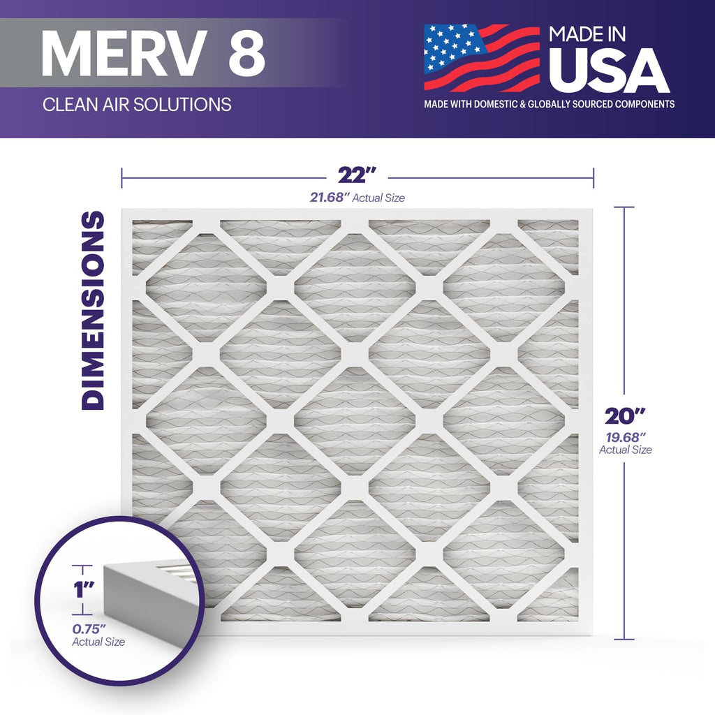 BNX TruFilter 20x22x1 Air Filter MERV 8 (4-Pack) - MADE IN USA – Dust & Pet Defense Electrostatic Pleated Air Conditioner HVAC AC Furnace Filters for Dust, Pet, Mold, Pollen MPR 600 – 700 & FPR 5