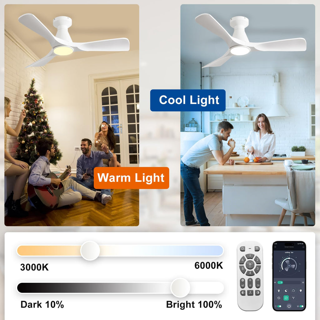 Depuley Ceiling Fans with Lights and Remote: Flush Mount Low Profile Ceiling Fan for Bedroom - Dimmable Indoor Outdoor Fan with APP Control White Timer