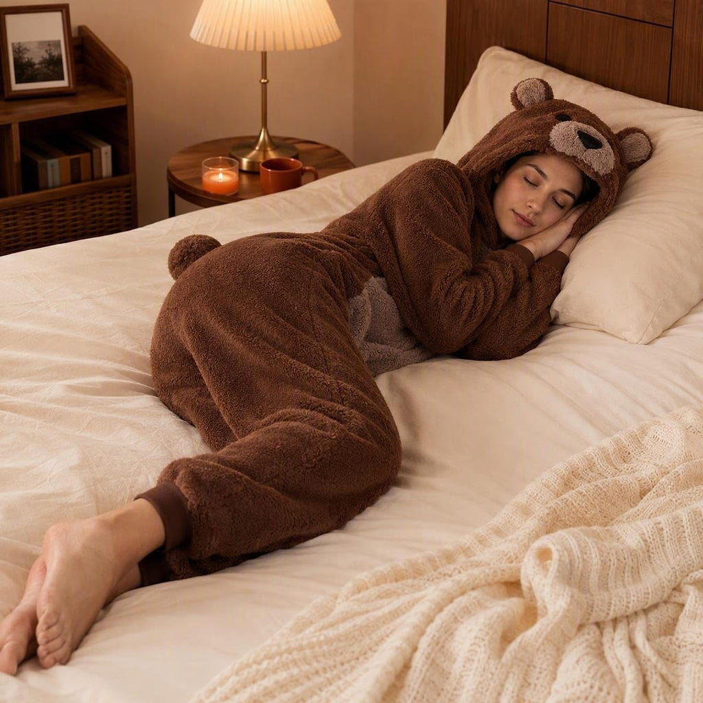 COSUSKET Snug Fit Unisex Adult Onesie Pajamas, Sherpa Bear Animal One Piece Halloween Costume Sleepwear Homewear