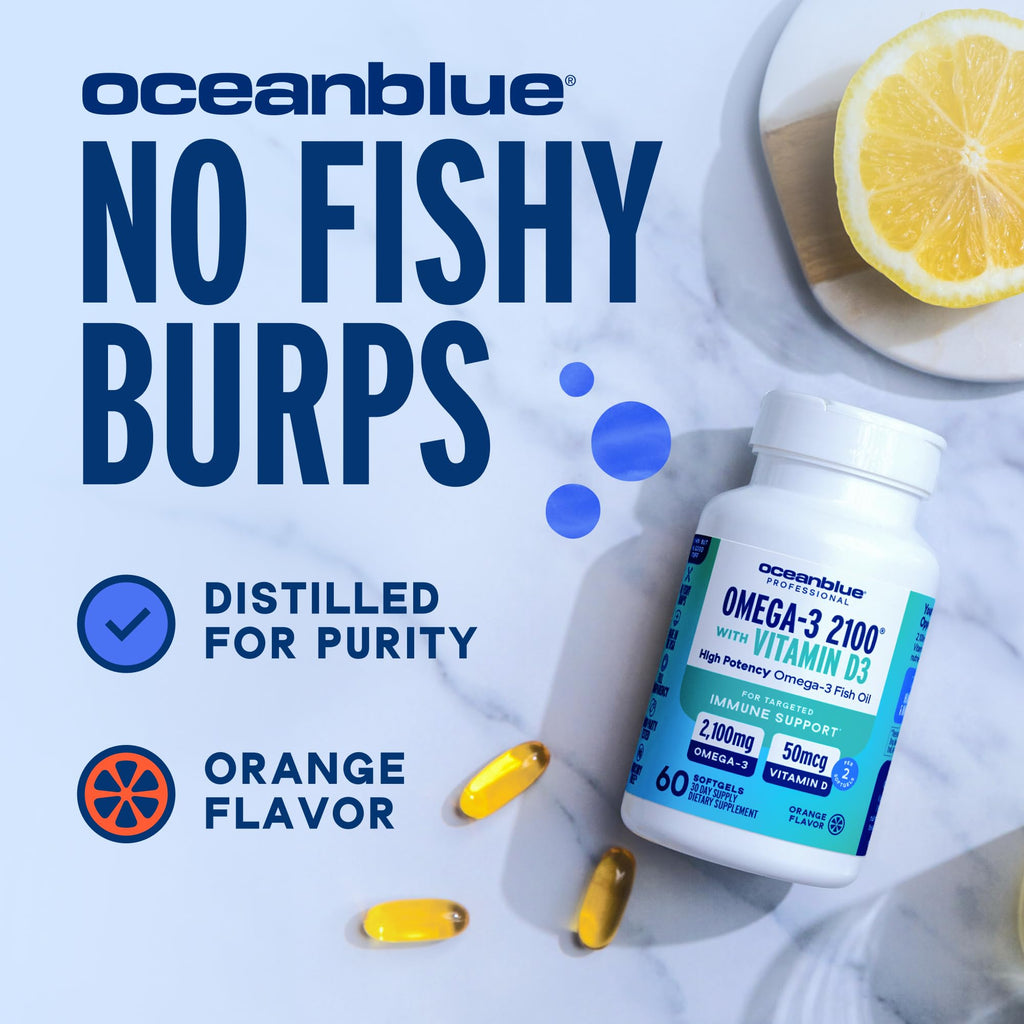Oceanblue Professional Fish Oil with Vitamin D3 | Triple Strength 2100mg Omega-3 DPA EPA DHA | Wild Caught | Burpless Orange Flavor | 180 Softgel Capsules