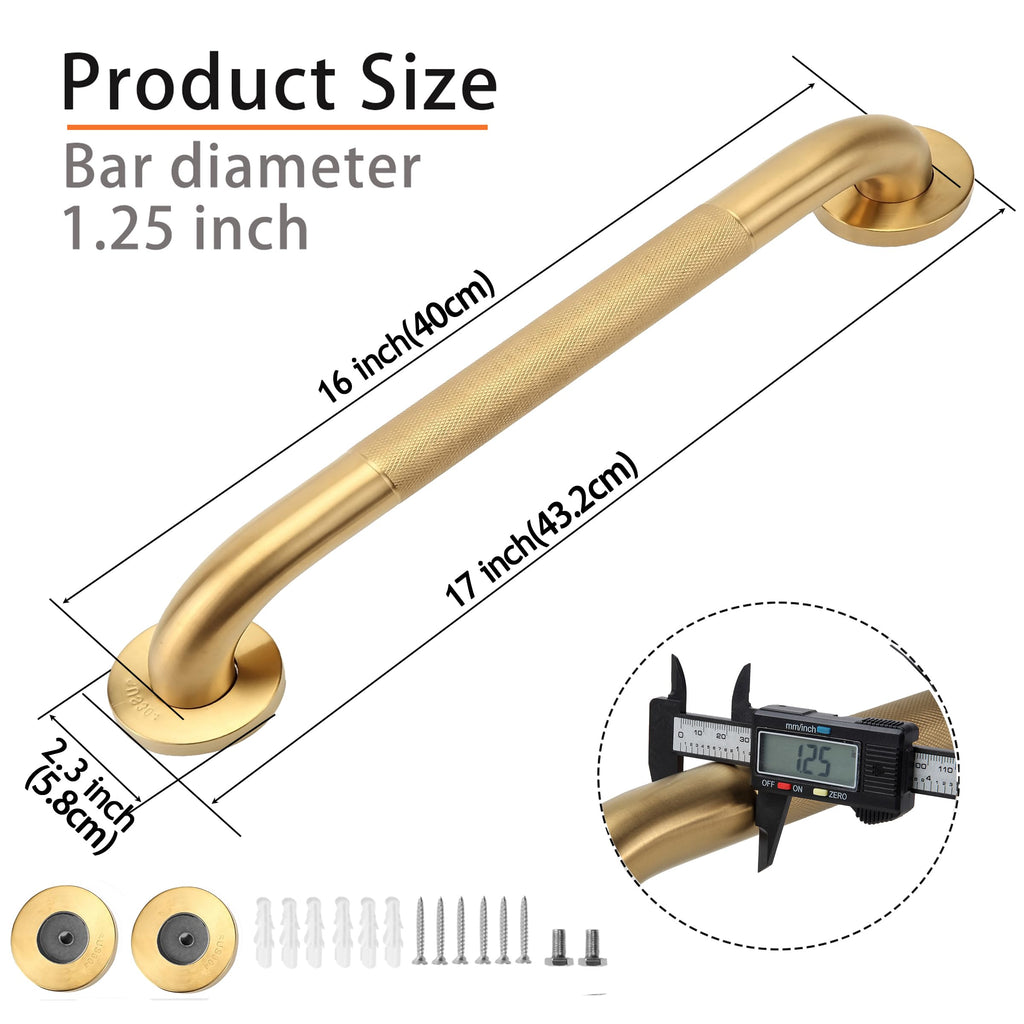 Rackickyer Shower Grab Bar, 2 Pack 16 Inch Gold Bathroom Grab Bar, 1.25" Diameter 304 Stainless Steel Anti-Slip Grab Bars for Bathtubs and Showers, Handicap Shower Grab Bar for Seniors Elderly