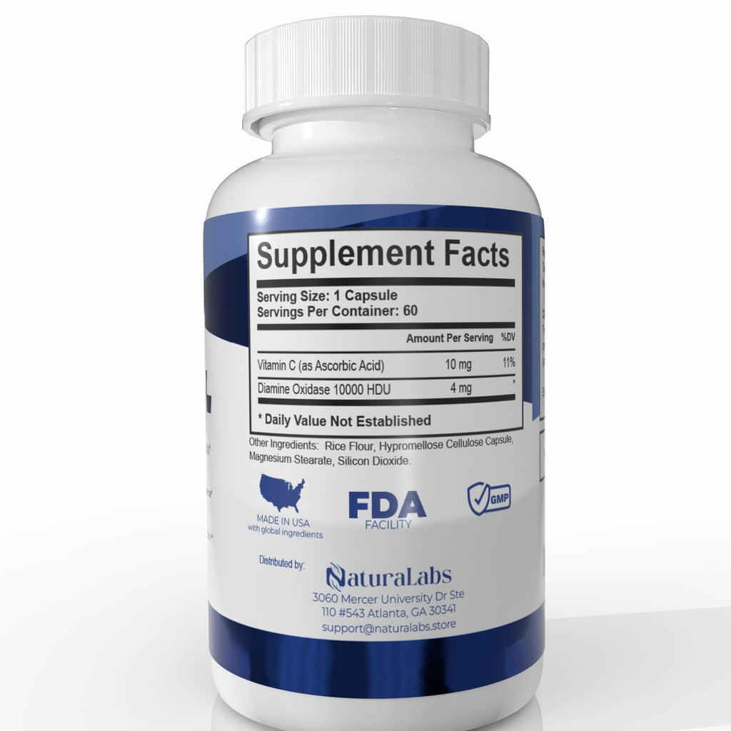 NATURALABS DAO Supplements Histamine Blocker – DAO Enzyme + Diamine Oxidase & Vitamin C for Gut Health & Food Support – 60 Servings - 1 Capsule Before Meals for Histamine Intolerance