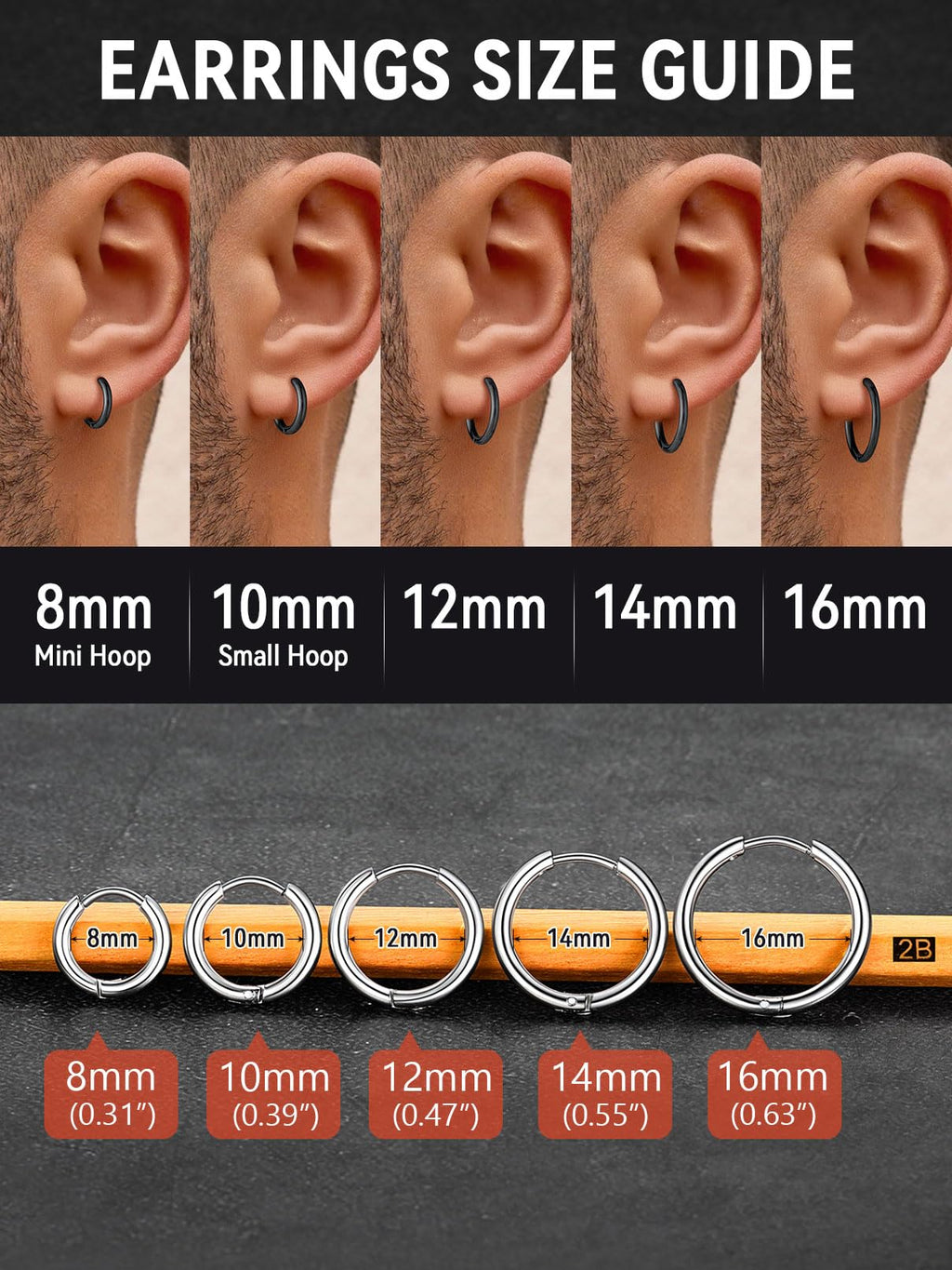 FaithHeart Stainless Steel Black Huggie Hoop Earrings for Men 10mm