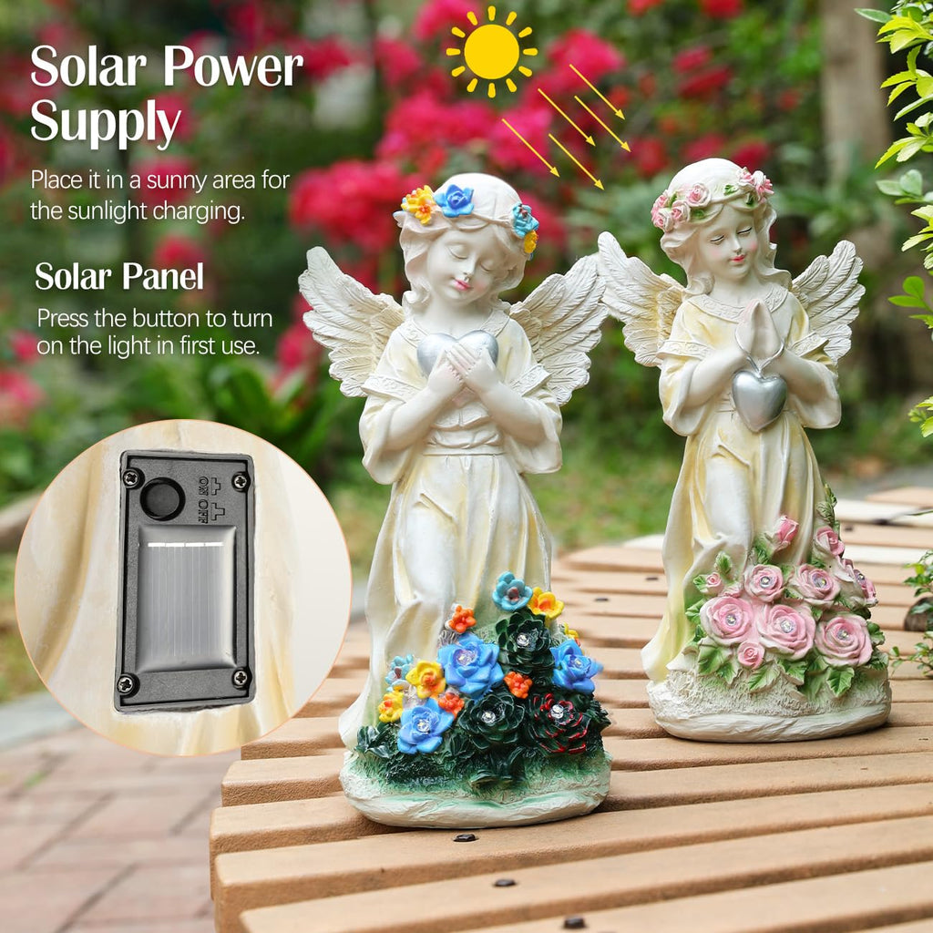 Kssiaz Angel Garden Statue 2Pcs,Love Heart Solar Decor with Warm Light