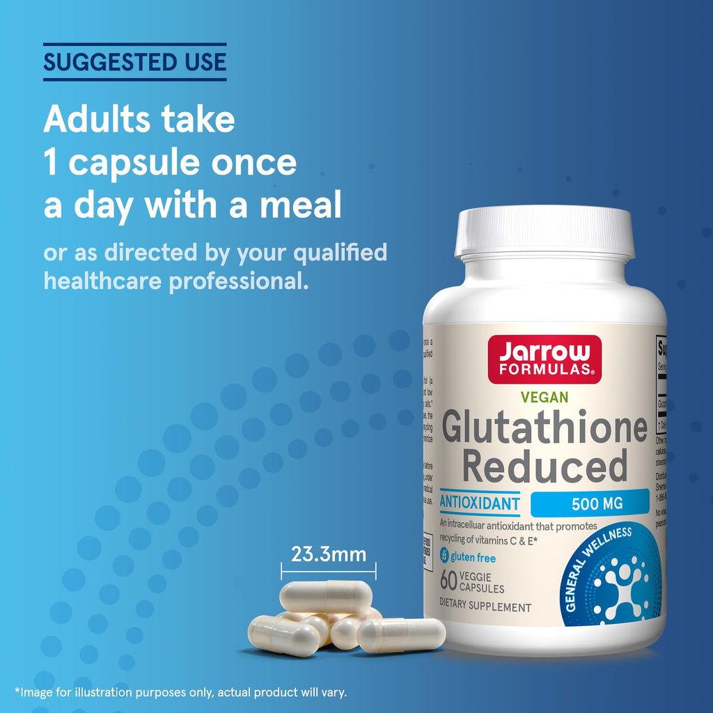 Jarrow Formulas Glutathione Reduced 500 mg - 60 Veggie Capsules - Intracellular Antioxidant - Quality Glutathione Supplements - Supports Recycling of Vitamins C & E - Non-GMO - Gluten Free - Vegan