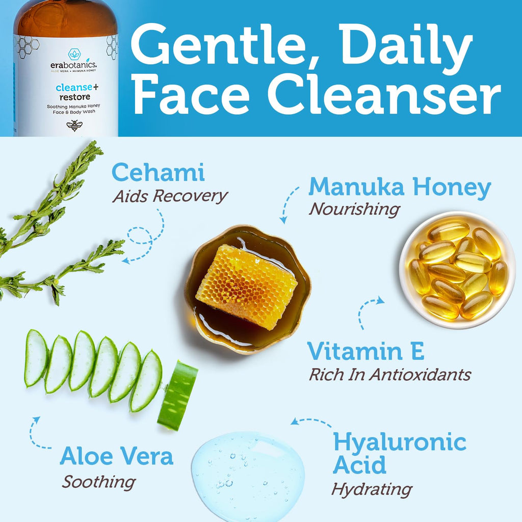 Era Organics Manuka Honey Face Wash for Sensitive Skin - Sulfate Free Gentle Cleanser with Organic Aloe Vera, Hyaluronic Acid & More - Soothing & Moisturizing for Dry Skin - Made in USA (8 oz)