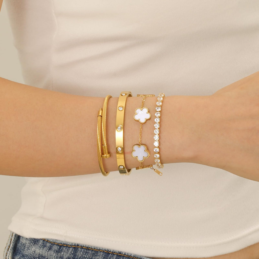 Gold Bracelets for Women, 18K Gold Plated Women Tennis Bracelets Clover Nail Love Bangle Bracelet Set, Gold Bracelet Stackable Set Trendy Jewelry, Gifts for Women's Day and Mother's Day (04-Color-white)