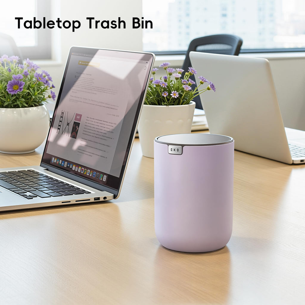EKO Fandy 0.4 Gal/1.5L Mini Tabletop Trash Bin with Swing-Lid, Desktop Trash Can for Bathroom Countertop, Vanity, Coffee or Office, Small Garbage Bin (Lavender)
