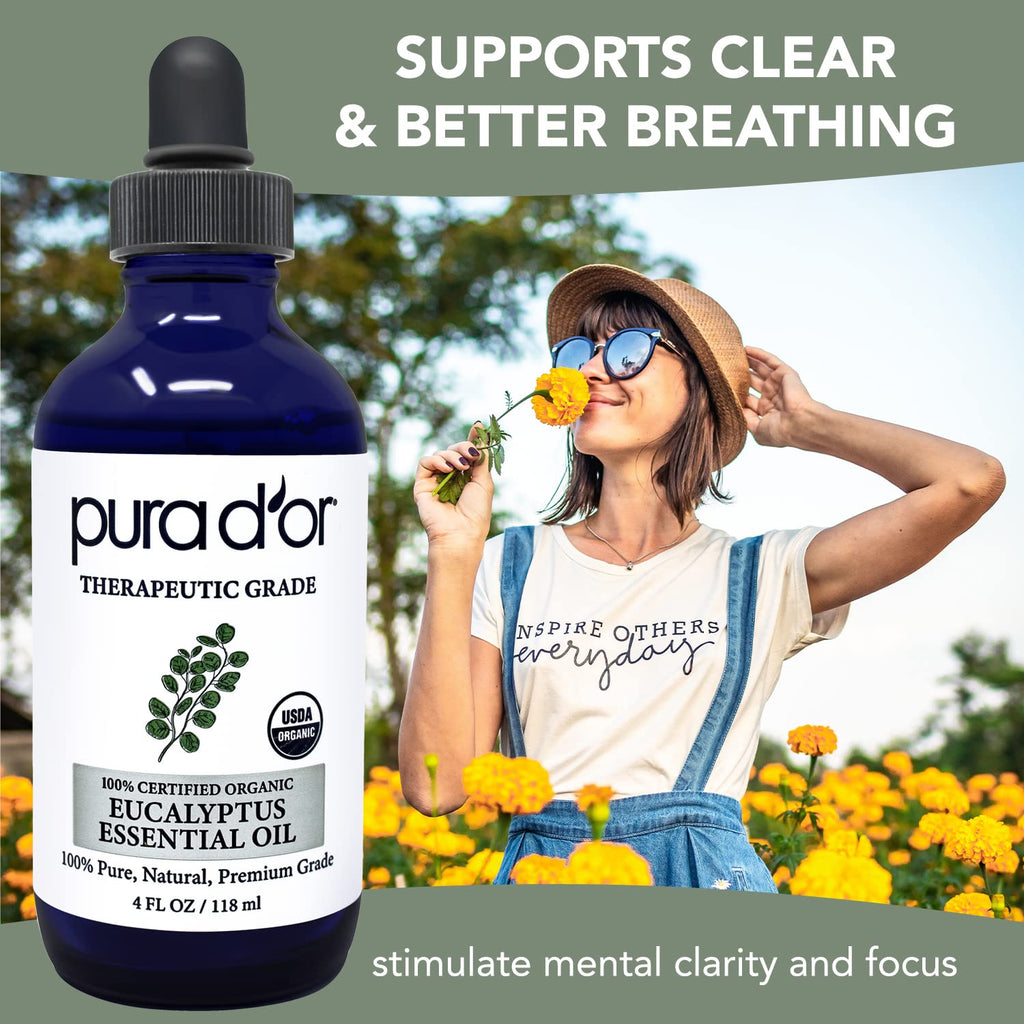 PURA D'OR Organic Eucalyptus Essential Oil (4oz with Glass Dropper) 100% Pure & Natural Therapeutic Grade for Hair, Body, Skin, Aromatherapy Diffuser, Relaxation, Massage, Home, DIY Soap