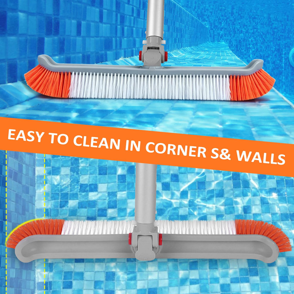 16FT Pool Brush with Pole, 19" Heavy Duty Swimming Pool Brush with 4-16FT Aluminum Telescopic Pole, Pool Scrubber Brush Head with Universal Adapter for Cleaning Pool Walls, Corners, Floors