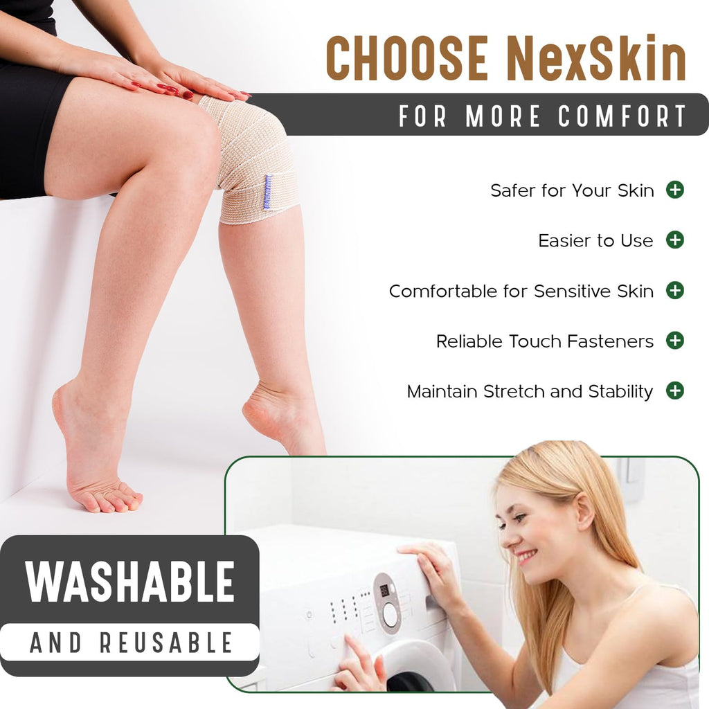 Premium Elastic Bandage Wrap (2” Wide, 6 Pack) - Nexskin Latex Free Athletic/Medical Compression Bandages Hook & Loop Fasteners at Both Ends - Lifetime Washable & Reusable Bandages