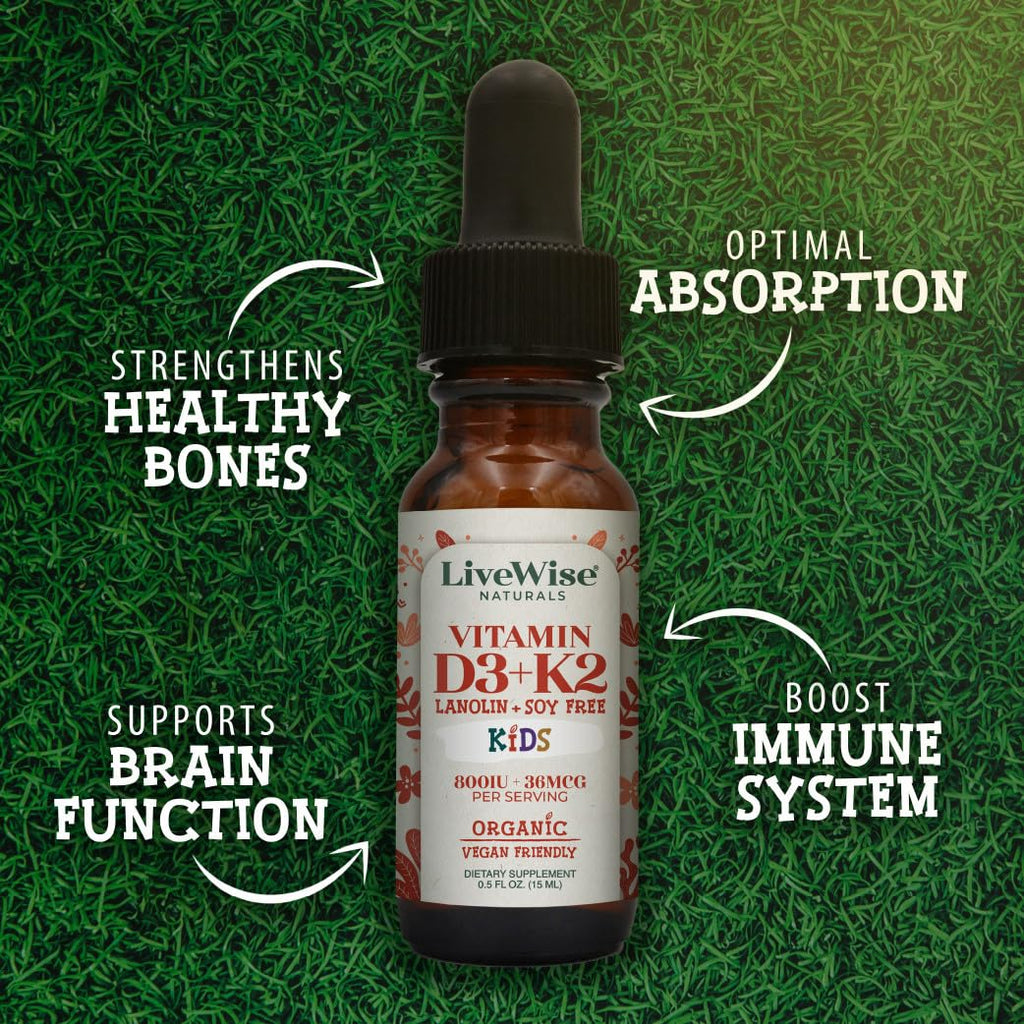 Live Wise Naturals Vitamin D3 K2 Kids Liquid Drops - 112 Servings, Ultra Concentrated Formulation, Fast Absorption 800 IU & 35 MCG for Calcium & Bone Support - Daily Nutritional Support Parents Trust