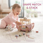 Joyreal Pink Wooden Noah's Ark Toy for 1 Year Old Baby Girl Baptism Gifts