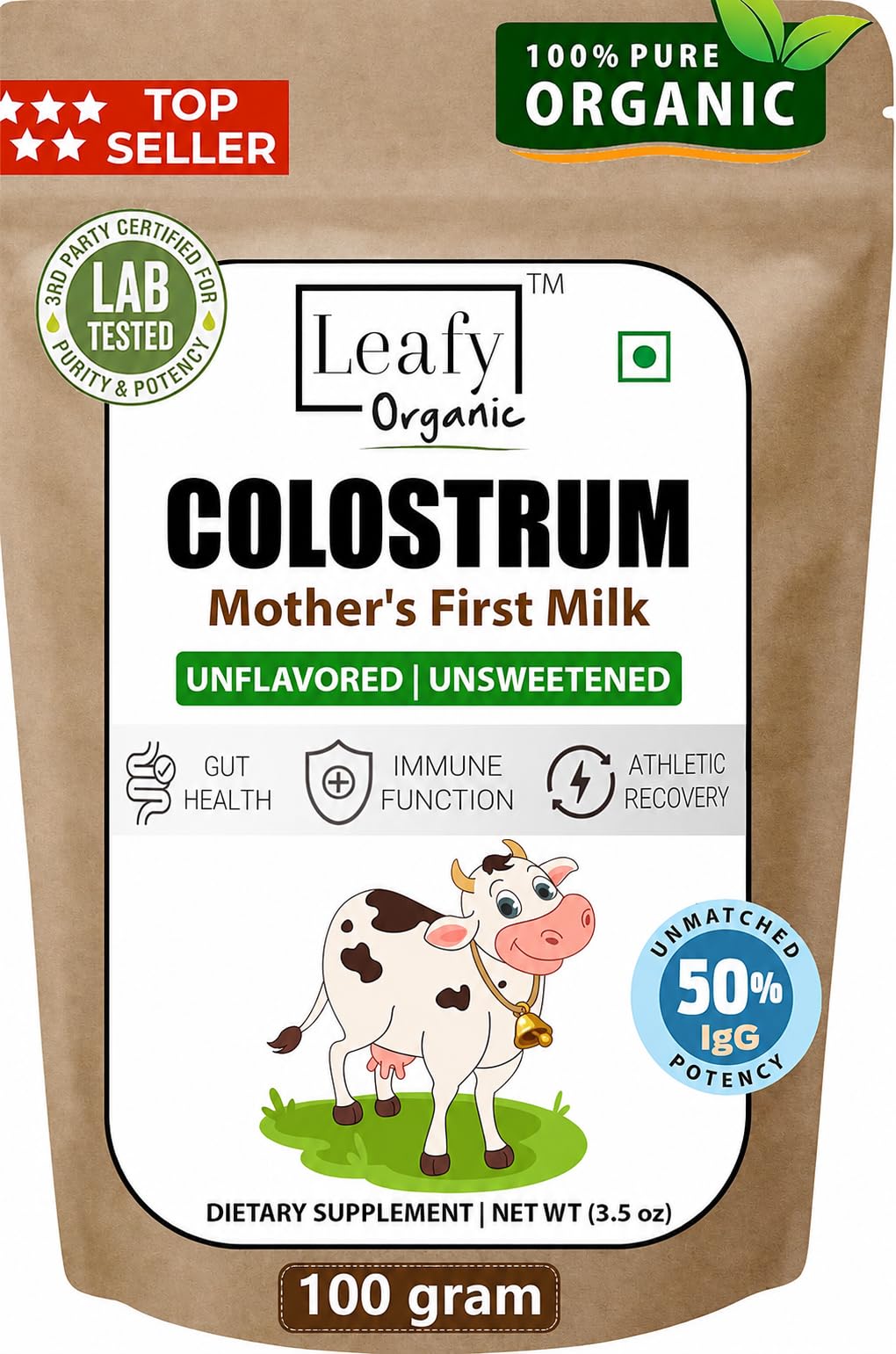 Leafy Organic Colostrum Powder Supplement for Gut Health, Immune Support, & Overall Wellness, 50% IgG, 6-Hour Colostrum Supplement, 100% Pure, Unflavored (100Gram) 3.5oz