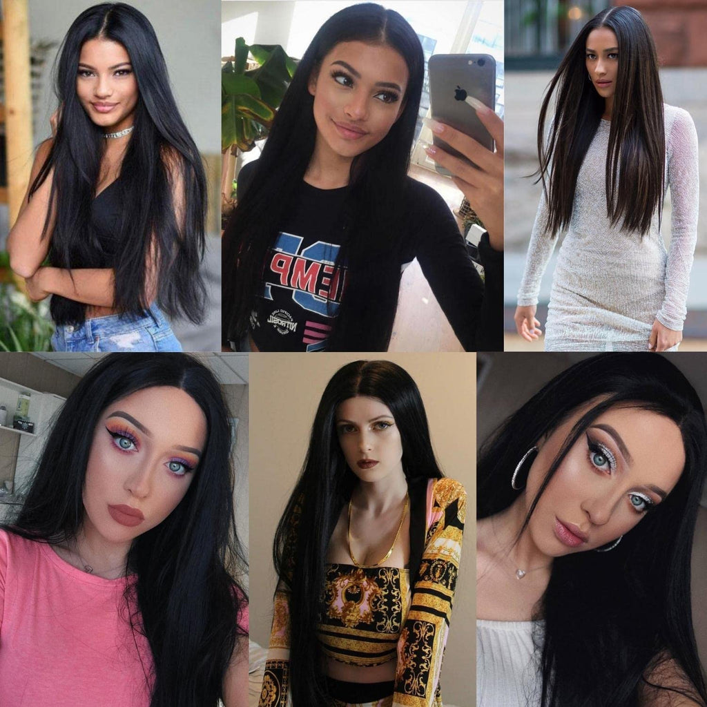 shecool Black Wig for Costume Women 27'' Long Black Wigs for Women Cute Black Straight Wigs for Halloween Costume SL004BK