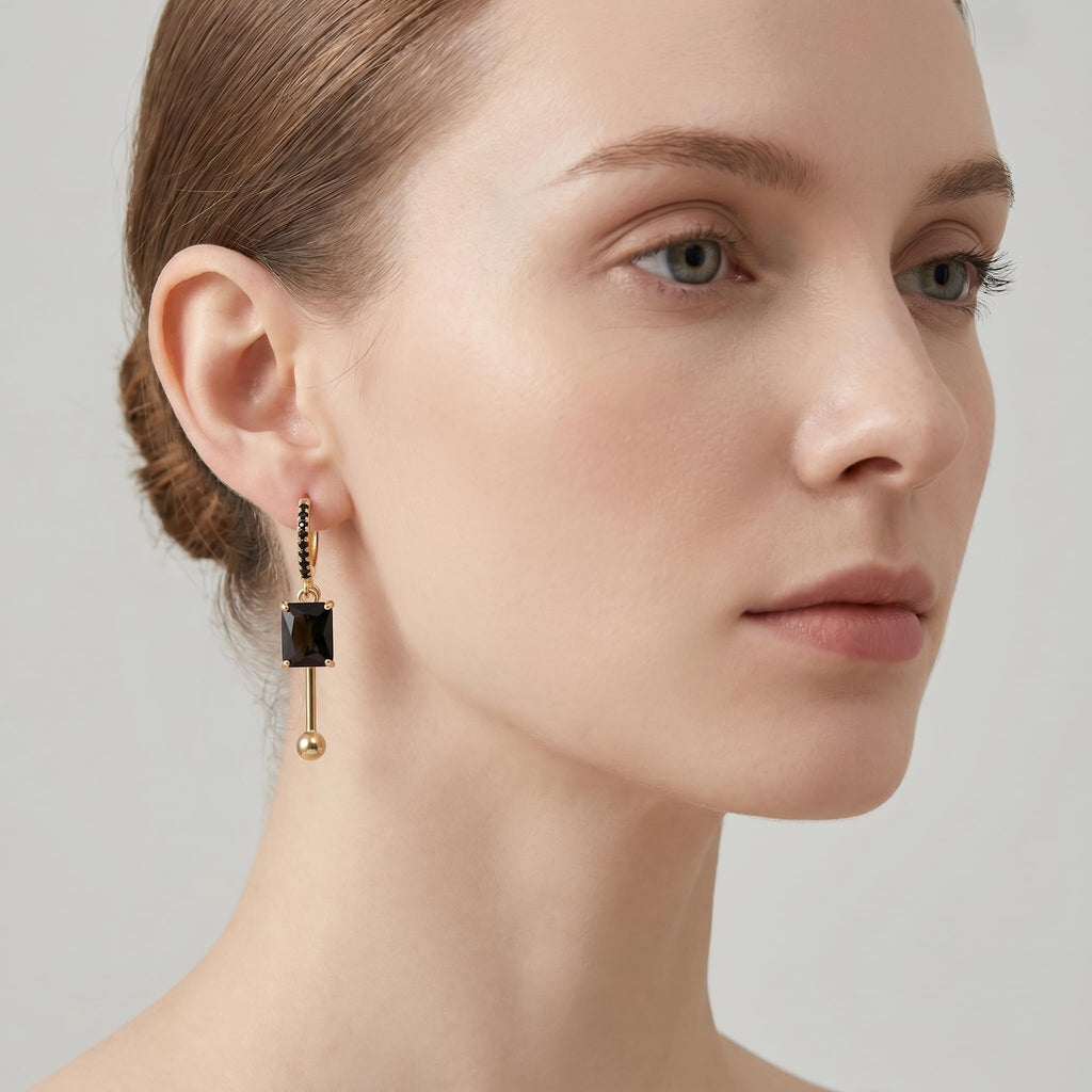 LisiZen 14K gold plated Black Zircon Dangle Earrings for Women – 2 Inch Rectangle Black Gold Drop Earrings, Minimalist Geometric Black Gold Earrings, Everyday Chic Black Gold Dangle Earrings