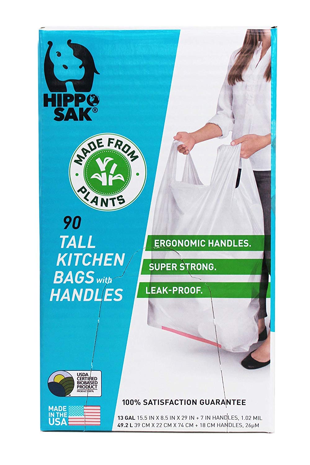 Hippo Sak - Plant Based Tall Kitchen Garbage Bags with Ergonomic Handles - 13 Gallon Trash Bags - Recyclable & Eco Friendly - Super Strong and Leak Proof Tall Kitchen Trash Bags (90 Count)