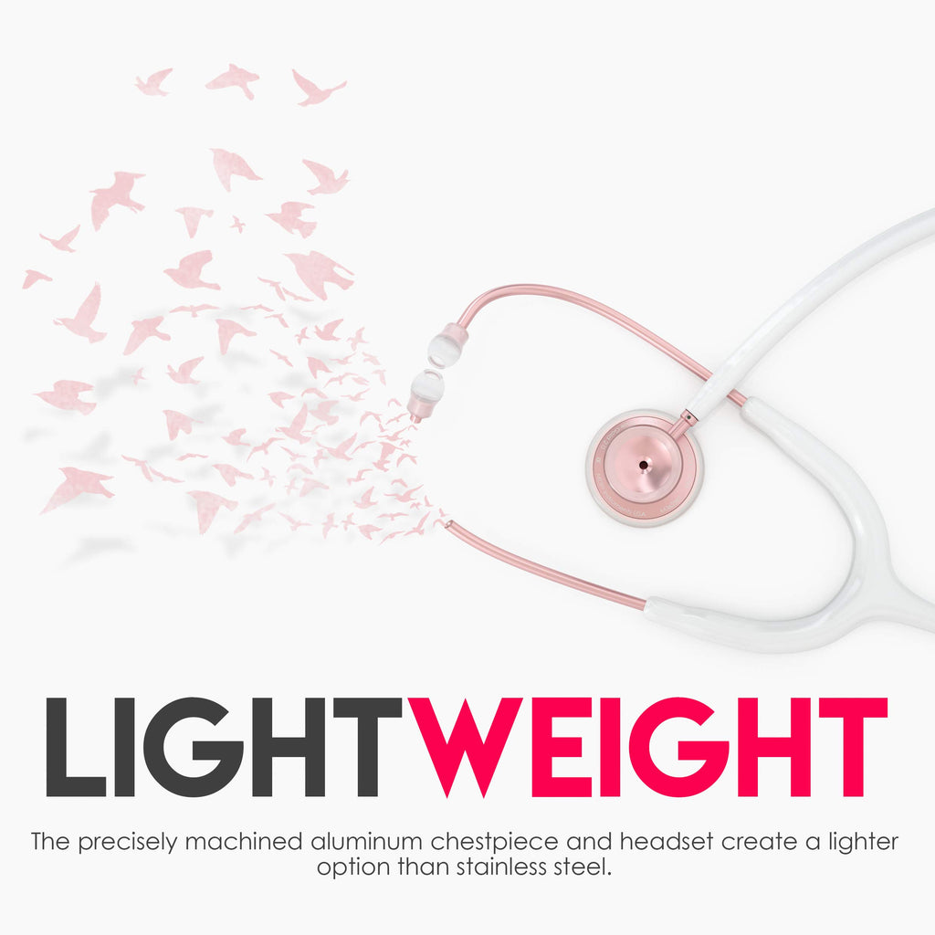MDF Instruments, Acoustica Lightweight Stethoscope for Doctors, Nurses, Students, Home Health Use, Adult, Dual Head, White Tube, Rosegold (Matte Finish) Chestpiece-Headset, MDF747XPRG29