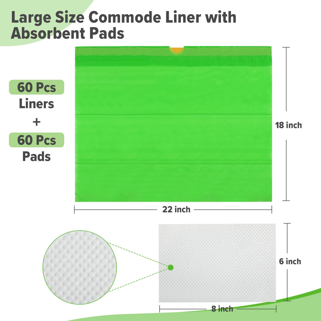 Commode Liners With Absorbent Pads - 60 Bedside Commode Liners & Pads,Medical Grade Pack Commode Liners,Adult Potty Chair Liners Bedside Commode Liners Disposable,Universal Fit All Standard