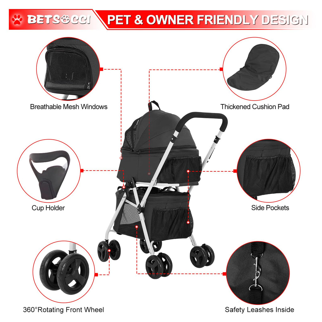 BETSOCCI Double Dog Stroller with 2 Detachable Carrier, Portable Pet Stroller for Small Dogs & Cats Folding Lightweight Puppy Travel Carriage, 4 Wheels, Black