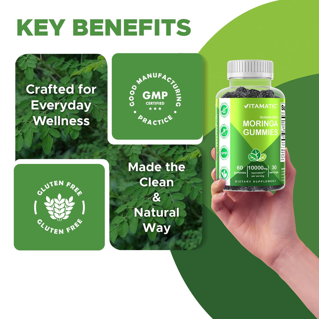 Vitamatic Sugar Free Moringa Gummies – 10,000 mg Equivalent per Serving (from 200 mg of 50:1 Extract) – Green Superfood Supplement – 60 Pectin-Based Vegan Gummies – No Sugar Added (Pack of 2)