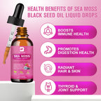 B BEWORTHS Sea Moss Liquid Drops - Black Seed Oil & Irish Sea Moss Gel with Burdock Root Bladderwrack, Elderberry, Spirulina, Seamoss Supplement for Energy Booster, Digestive Health - 4 Fl Oz, Vegan