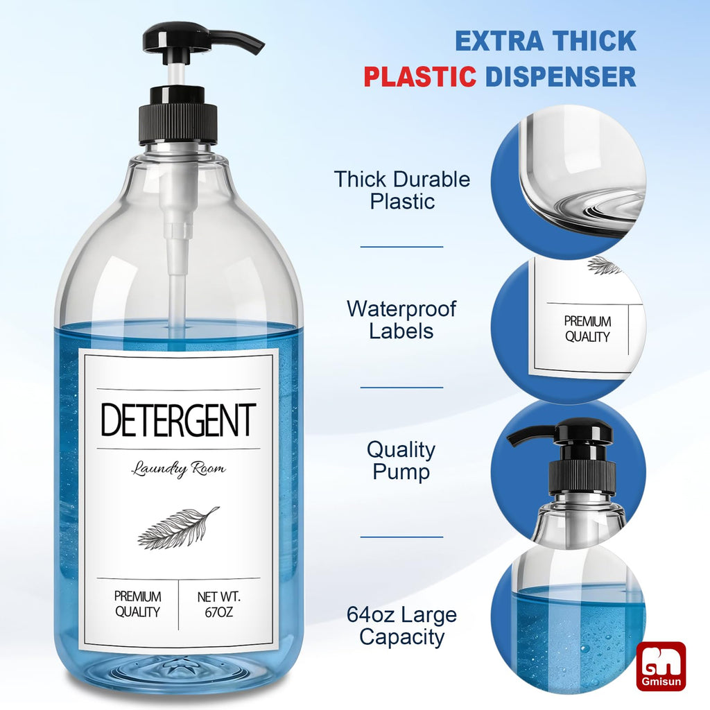 GMISUN Laundry Detergent Soap Dispenser, Plastic Liquid Laundry Detergent Dispenser, Container for Farmhouse Laundry Room Decor, Organizer for Liquid SoftenerBleach Heavy Duty Plastic Bottle(3 Pack)