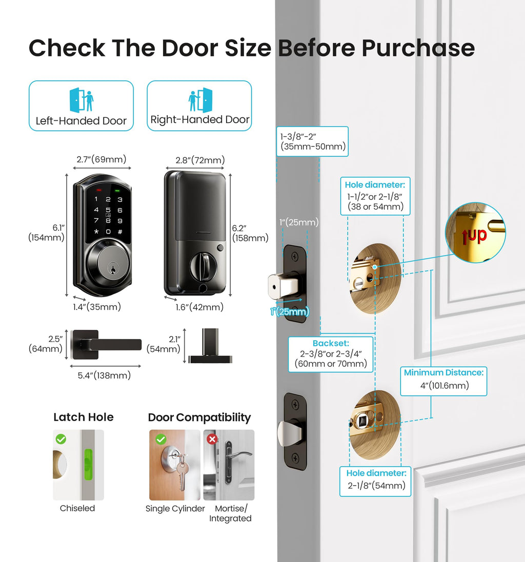 Veise VE06-L Smart Locks with 2 Lever Handle Set, App Control, Keyless Entry Deadbolt for Front Door, Electronic Digital Touchscreen Keypad, Auto Lock, Waterproof, Easy Installation, Matte Black