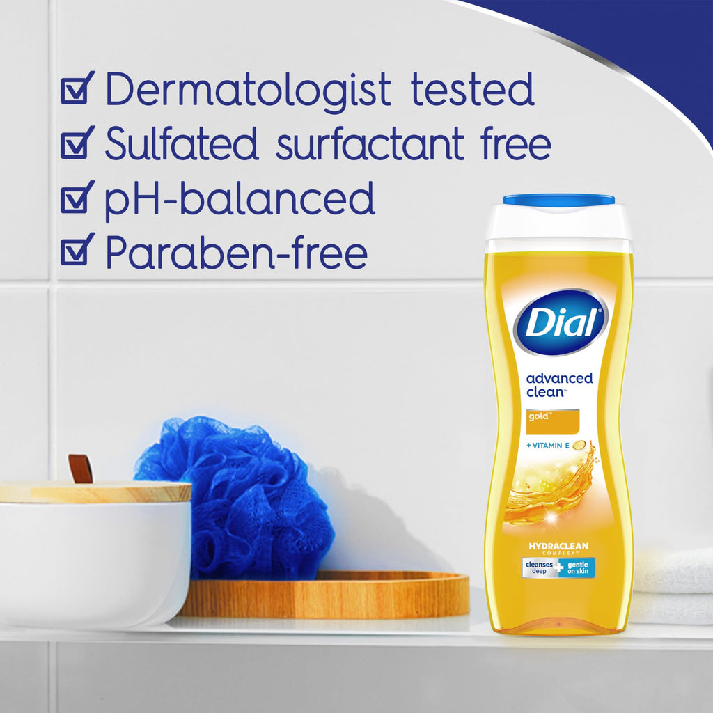 Dial Body Wash, Advanced Clean Gold, 16 Fl Oz, Pack of 4, Hydraclean Complex & Vitamin E, Gentle, Leaves Skin Feeling Nourished, Dermatologist-Tested, No Parabens & Sulfates