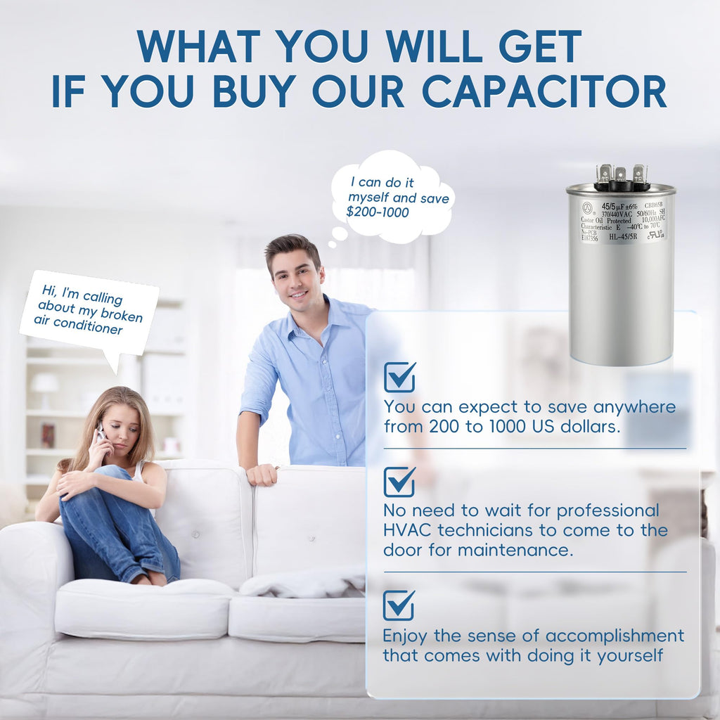 QYCKFIXR AC Capacitor 45+5 uF 45/5 MFD ±6% 370V/440VAC CBB65 Dual Run Circular Start Capacitor for Heat Pump Air Conditioner，Ten Years of Coverage
