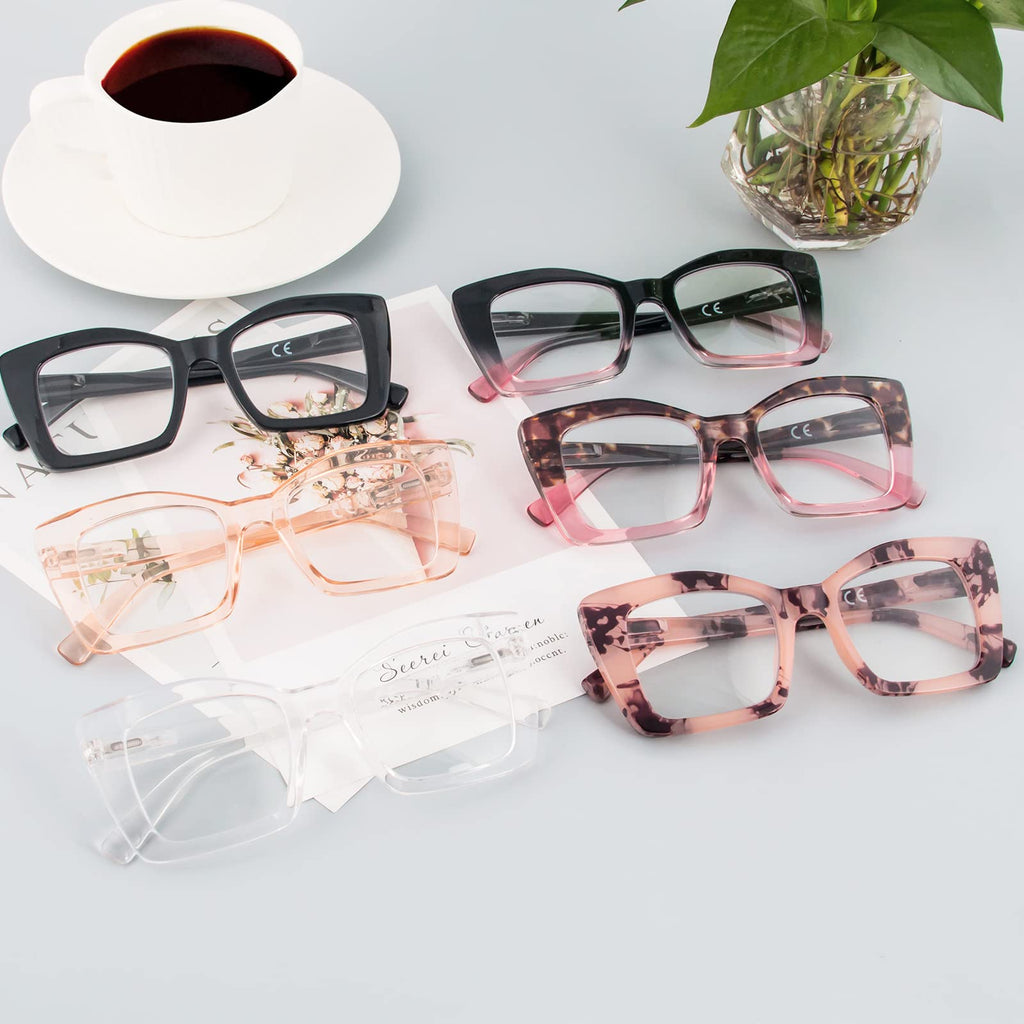 REAVEE 6 Pack Oversized Square Reading Glasses Oprah Style for Women, Blue Light Blocking Large Frame Computer Designer Fashion Readers Spring Hinge with Leather Case,1.5