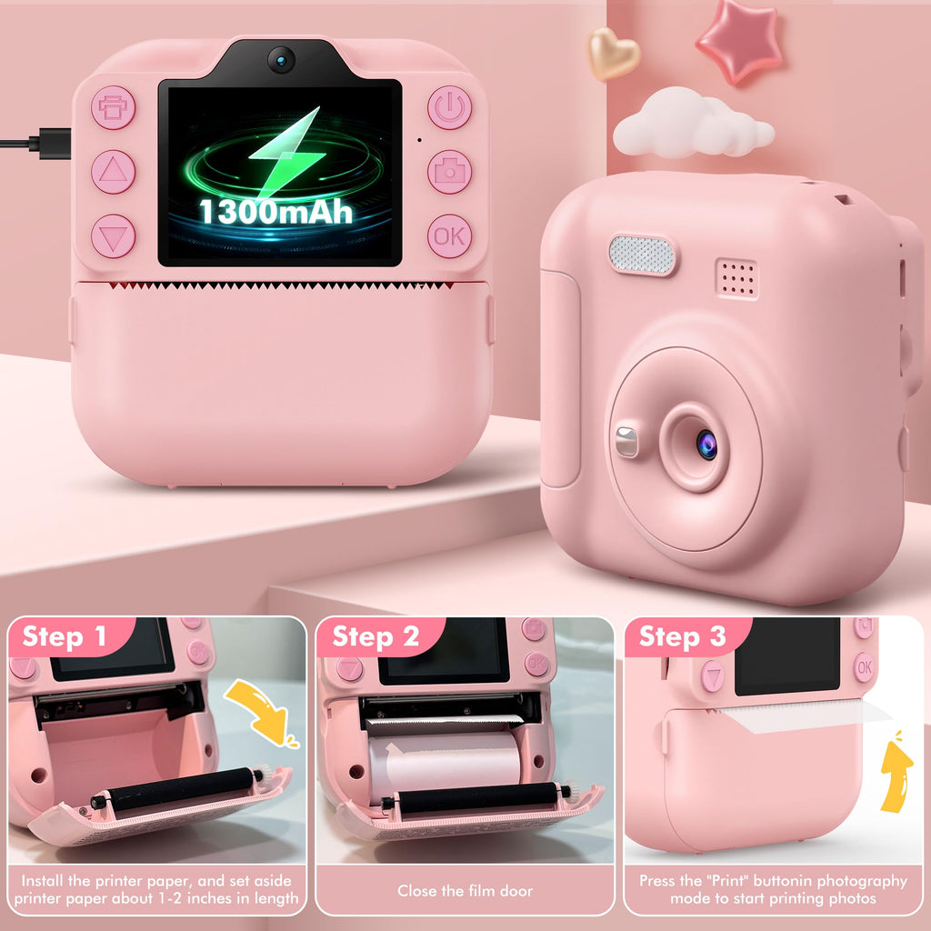 Kids Instant Camera with 64GB SD Card, Portable Digital Camera Toy for Girls and Boys Ages 3-12, Toddler Christmas and Birthday Gift for 3 4 5 6 7 8 9 10 Year Old Kids (Blue) (Pink)