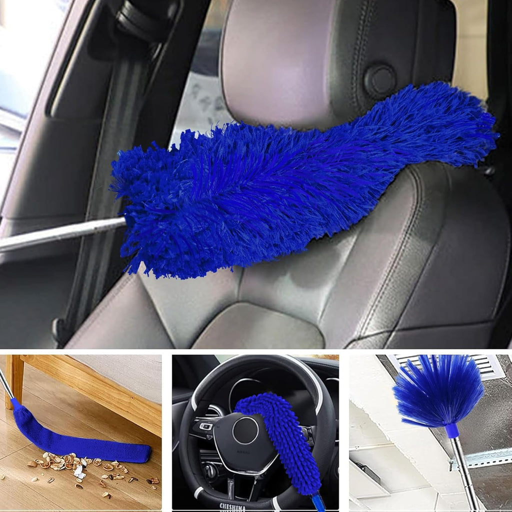 Tiumso Ceiling Fan Cleaner Dusters for Cleaning 6-in-1 Kit, Cobweb Duster with Extension Pole, 100 Inches High Ceiling Fan Blade Cleaners with 5 Reuseable Dusting Heads for Windows and Blinds- Blue