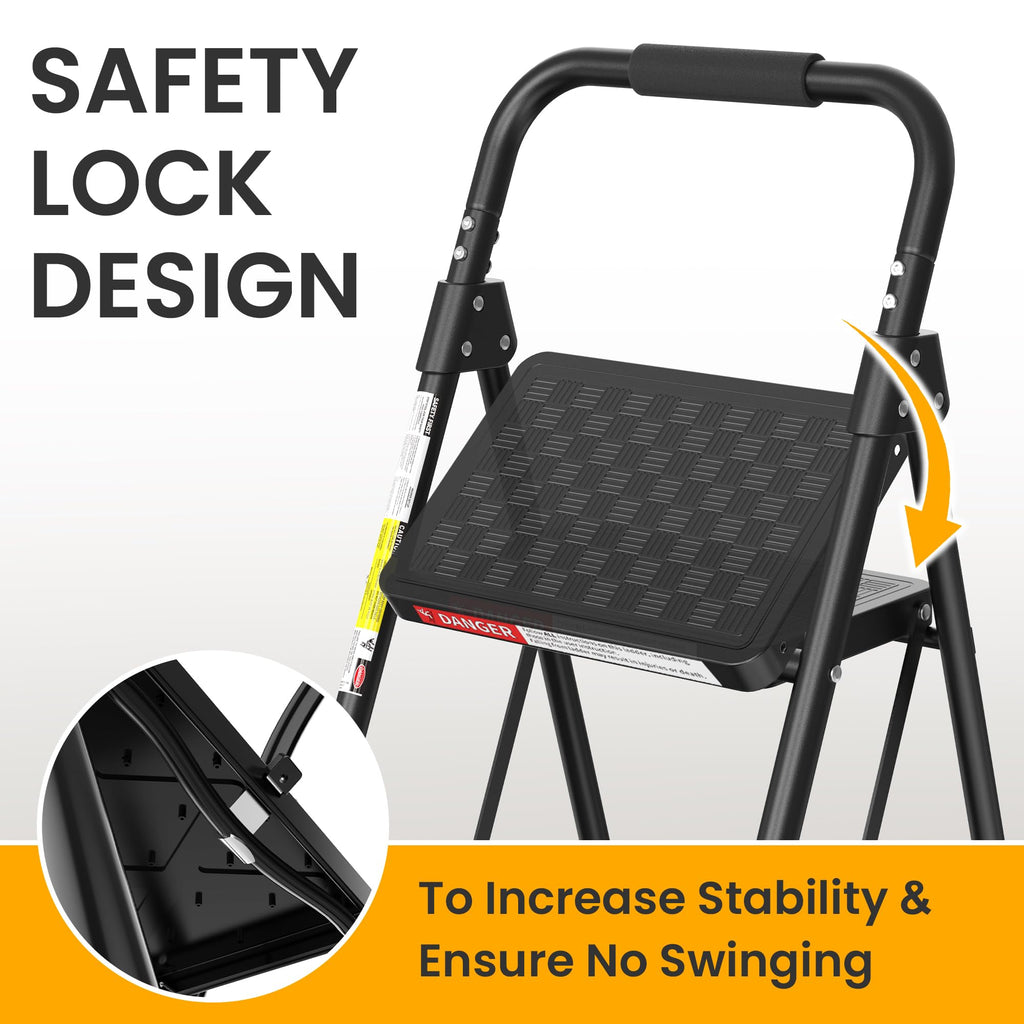 HBTower 3 Step Ladder, Folding Step Stool with Wide Anti-Slip Pedal, Step Stool Foldable with Cushioned Handle for Home and Kitchen, Black