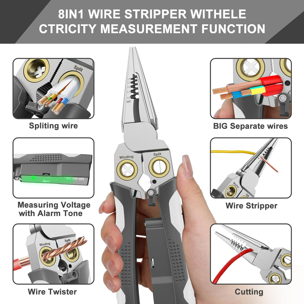 GADO Pro 8-in-1 Wire Stripper/Cutter with Voltage Tester & Dual Alarms - Heavy Duty 12-250V AC/DC Electrical Tester for Hot/Neutral Wires - Electrician, HVAC, Car Repair Tool (Gray)