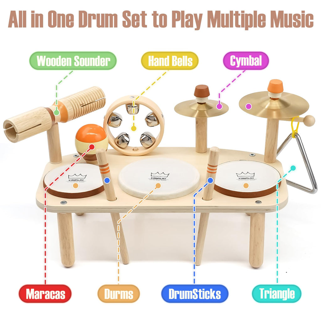 Kids Drum Set - Montessori Toys for 2 Year Old Boy Girl Birthday Gifts, 11 in 1 Wooden Musical Instruments for Toddlers 2-3, Musical Activity Table Preschool Learning Toys for Baby 18+ Months