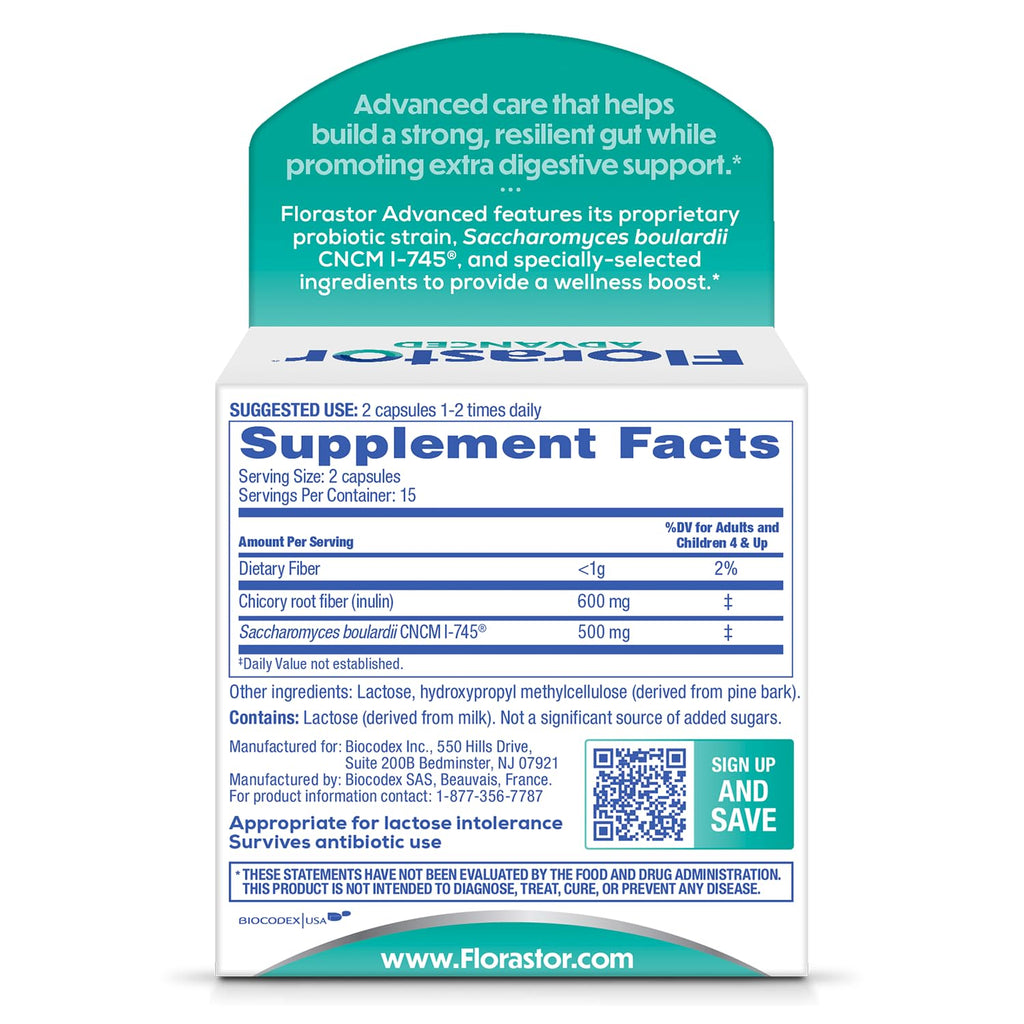 Florastor Select Pro+Pre Daily Probiotic and Prebiotic Supplement for Women and Men, Boosts Good Bacteria, Saccharomyces Boulardii CNCM I-745 (30 Capsules) (Pack of 1)