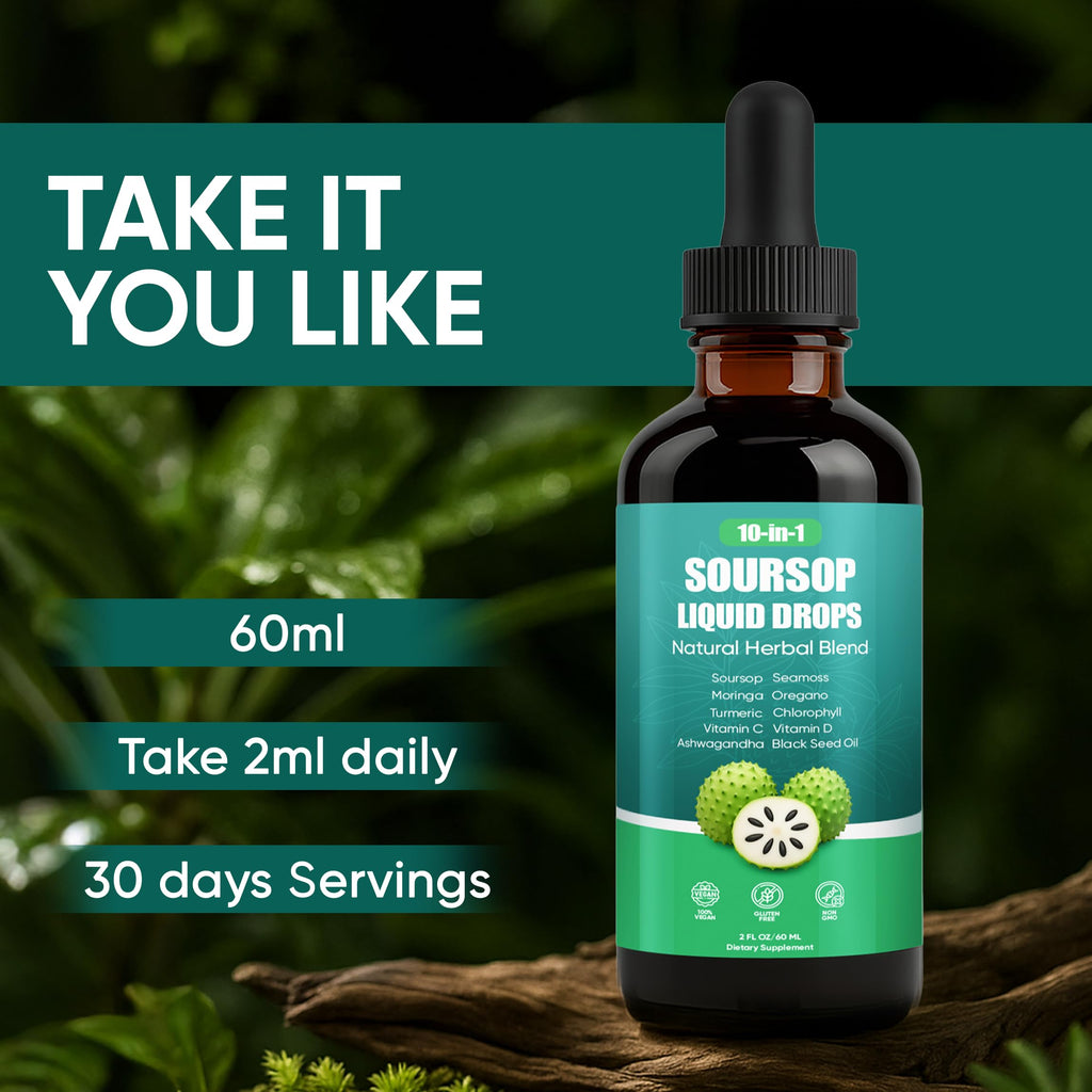 Soursop Drops, 10-in-1 Soursop Liquid Drops with Sea Moss, Moringa, Turmeric, Black Seed Oil, Oregano, Ashwagandha, Immune & Energy Support | Improving Gut Health | Heart Health, Vegan, 2 fl oz (2)