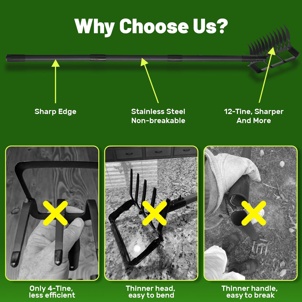 Weed Puller Tool with 76" Long Handle, 2 in 1 Hula Garden Hoe Tool, 12 Tines Garden Weeders Rake and Cultivators Tillers for Gardening, Weeding, Seeding, Ditching, Loosening