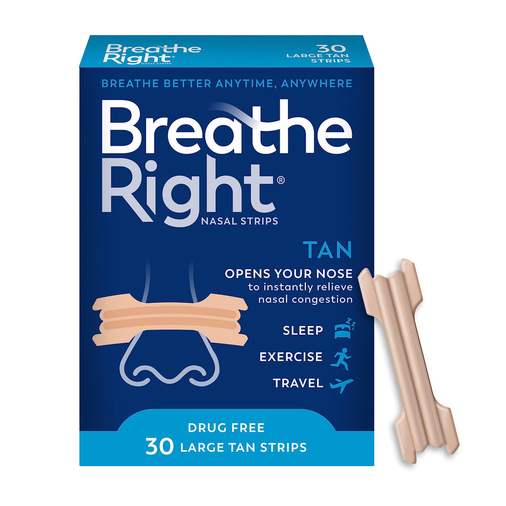 Breathe Right Nasal Strips, Extra Strength Tan Nose Strips, Drug-Free Nasal Congestion Relief for Better Breathing, Help Relieve Snoring, Caused by Colds & Allergies, Deviated Septum, 30ct