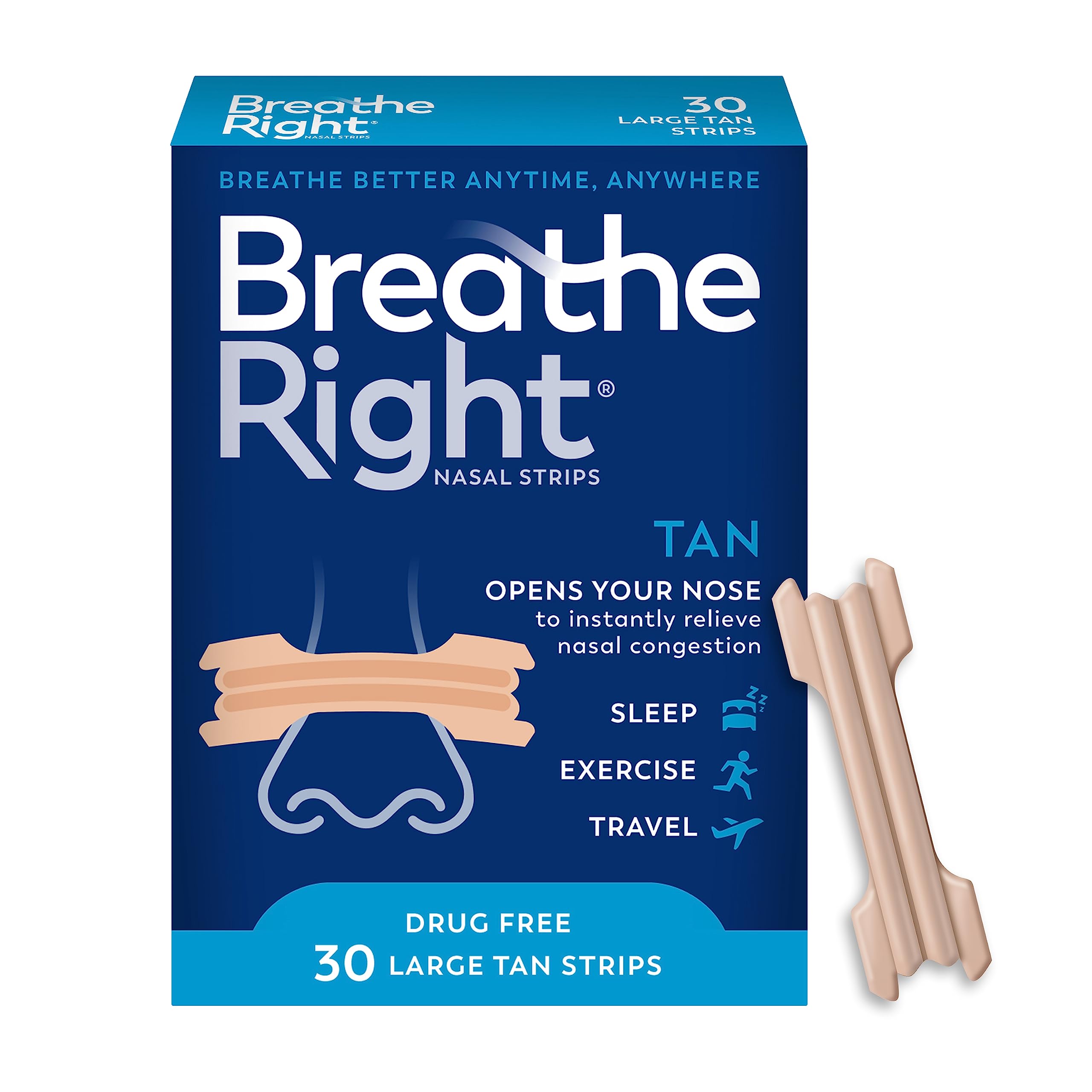 Breathe Right Nasal Strips, Extra Strength Tan Nose Strips, Drug-Free Nasal Congestion Relief for Better Breathing, Help Relieve Snoring, Caused by Colds & Allergies, Deviated Septum, 30ct