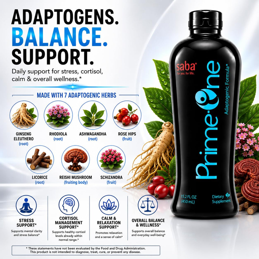 HerbFuse Saba Prime One Liquid Adaptogen Blend with Ashwagandha, Rhodiola, Reishi, Ginseng & Eleuthero - Herbal Supplement, 32 Fl Oz, 63 Servings