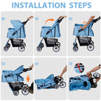 4 Wheels Pet Stroller, Foldable Dog Cat Stroller for Small Medium Dogs Cats, Travel Carrier with Storage Basket and Cup Holder, Waterproof and Lightweight (Blue)
