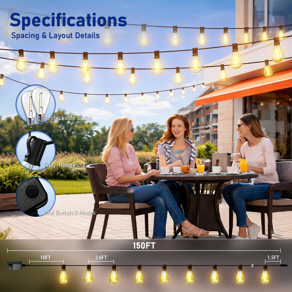 Sikitul 150FT LED Outdoor String Lights with Remote, One Continuous Strand Patio Lights with 55+2 Shatterproof S11 Bulbs, Dimmable 2700K Warm White, Timer & 3 Modes, Low Voltage for Backyard Garden