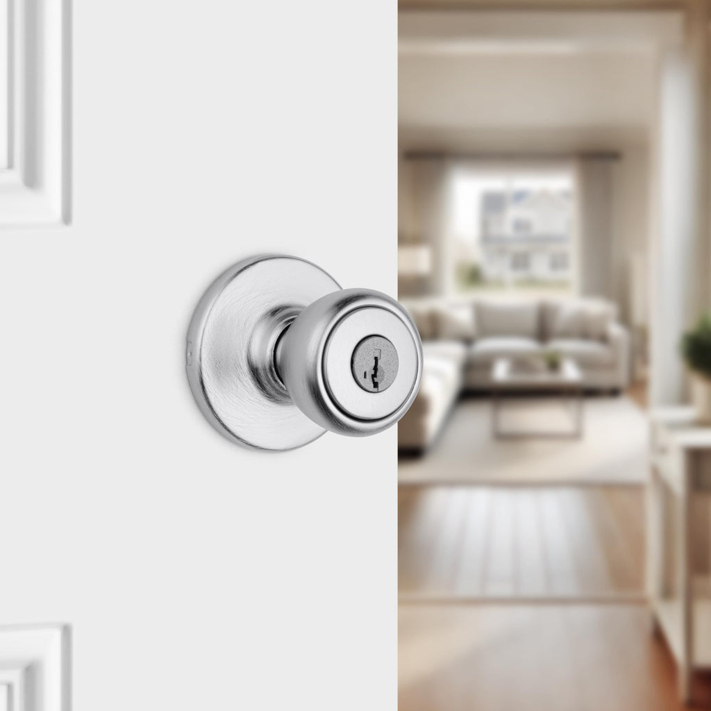 Kwikset Tylo Entry Door Knob with Lock and Key, Secure Keyed Handle Exterior Doorknob, Front Entrance and Bedroom, Satin Chrome, Pick Resistant SmartKey Rekey Security