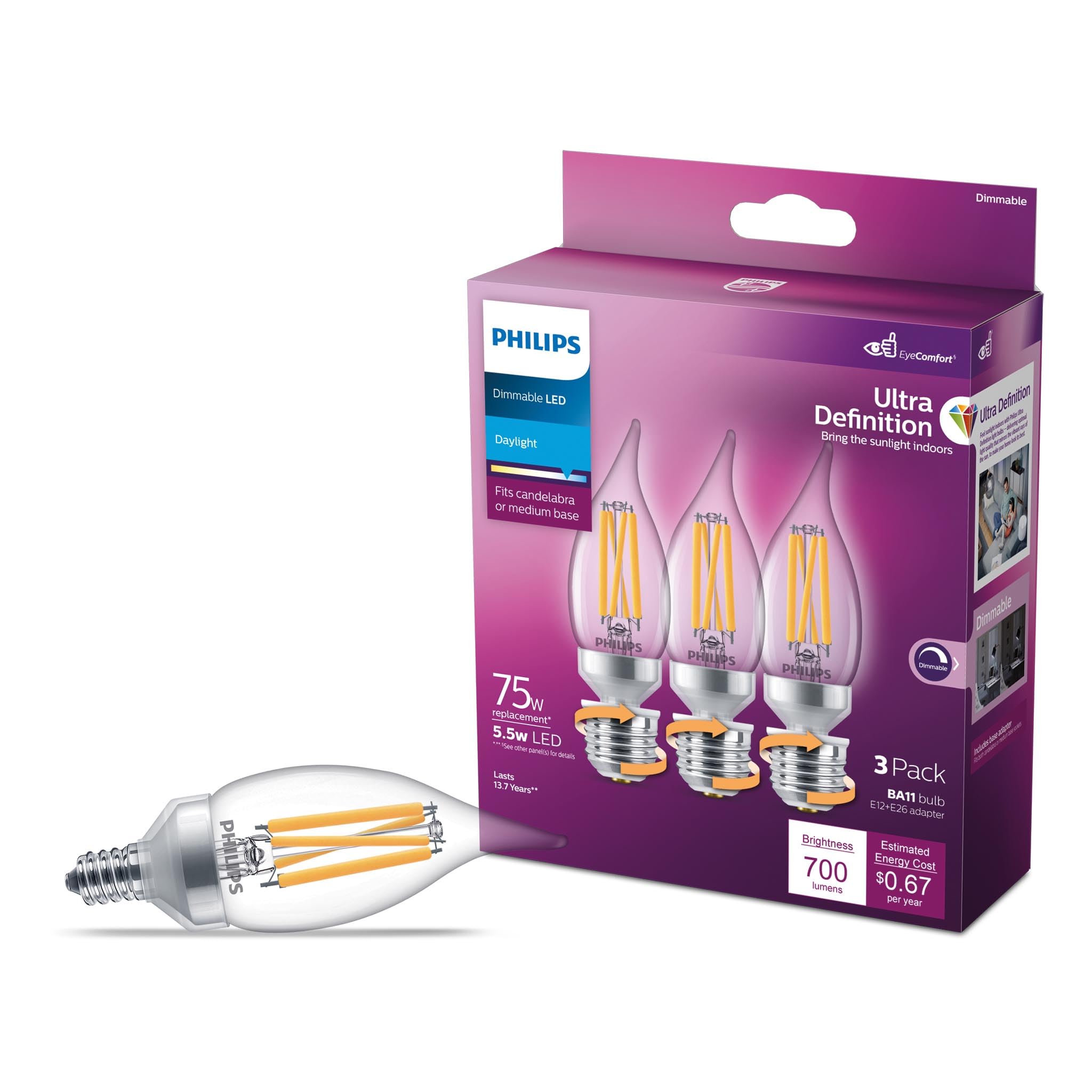 PHILIPS LED 75W BA11 E12 or E26 Adapter Base 3-Pack Ultra Definition Daylight (5000K) 700 Lumen (5.5W = 75W) Dimmable Flicker-Free Candelabra Light Bulbs