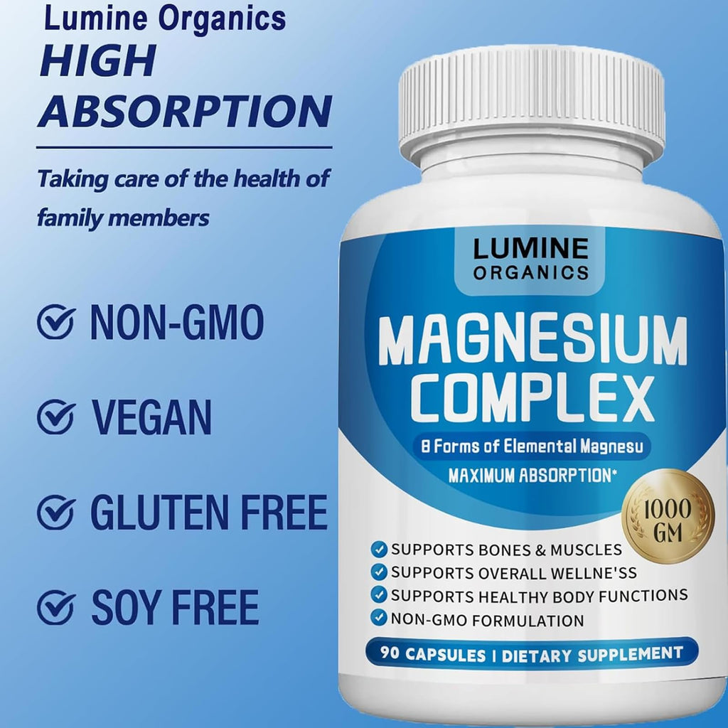 1PCSLumine Organics Magnesium Complex Supplement 1000mg - Advanced 8-in-1 Magnesium Blend - Glycinate, Citrate, Malate, Taurate etc.– High Absorption Formula – Non-GMO, 90 Capsules (1B)
