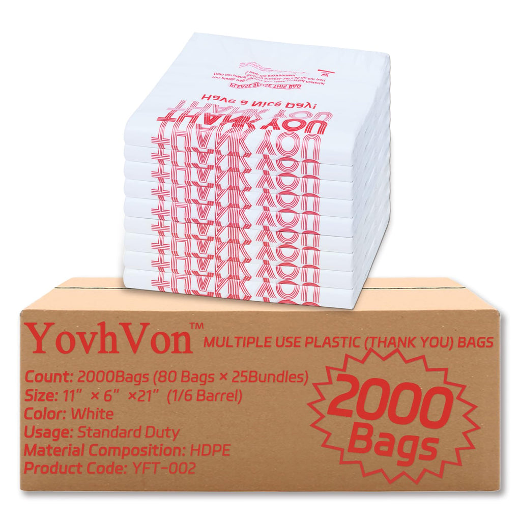 YovhVon 2000 Count Plastic Bags with Handles, T-Shirt bags, Thank You bags, Grocery bag, Shopping bag, |for Store, Supermarket, Retail, Carry, Pack|, White, 1/6 Barrel, Large Size 11"x6"x21"