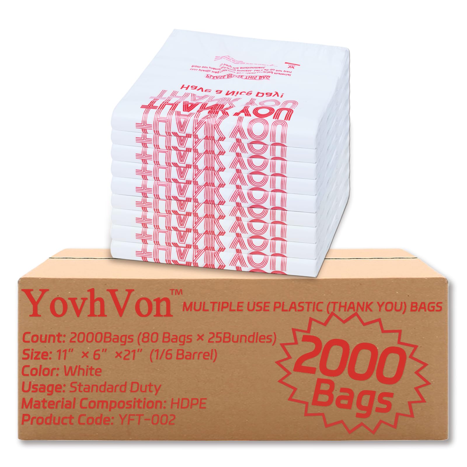 YovhVon 2000 Count Plastic Bags with Handles, T-Shirt bags, Thank You bags, Grocery bag, Shopping bag, |for Store, Supermarket, Retail, Carry, Pack|, White, 1/6 Barrel, Large Size 11"x6"x21"