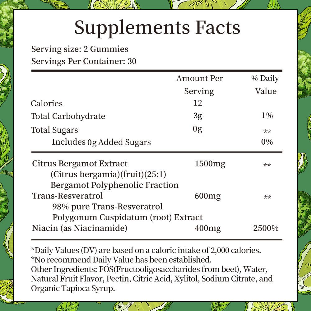 IIEltruiom Citrus Bergamot 1500mg, Citrus Bergamot Gummies for Healthy Cholesterol, Bergamot Supplements 25:1 Extract from Italy Bergamot, Resveratrol & Niacin - Natural Vegan 60 Gummies